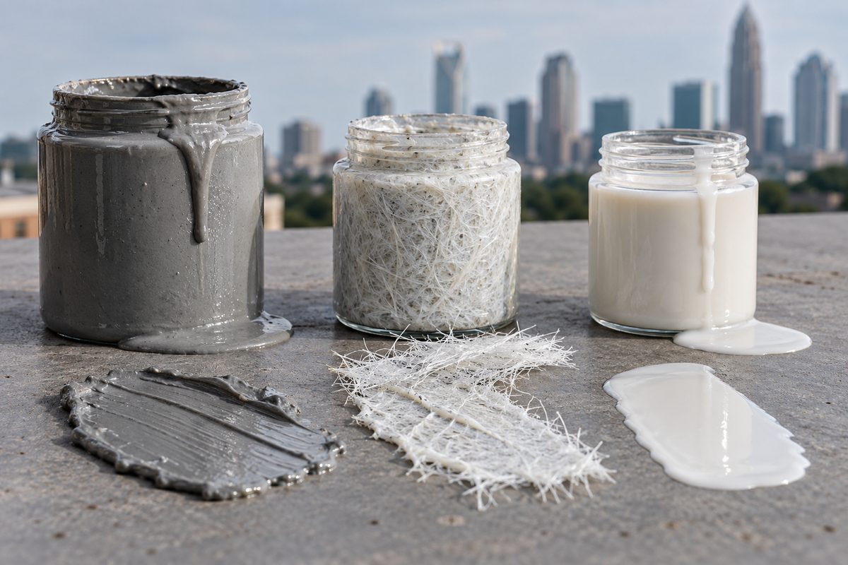 Comparative display of rubber, microfiber, and acid-free base coat bottles on studio slate.