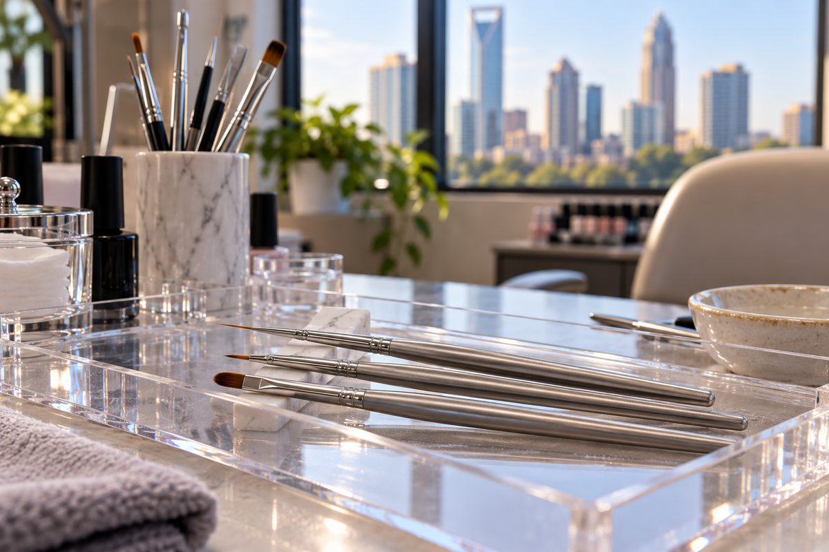 Assorted fine liner and sculpting nail art brushes resting in a salon instrument tray.