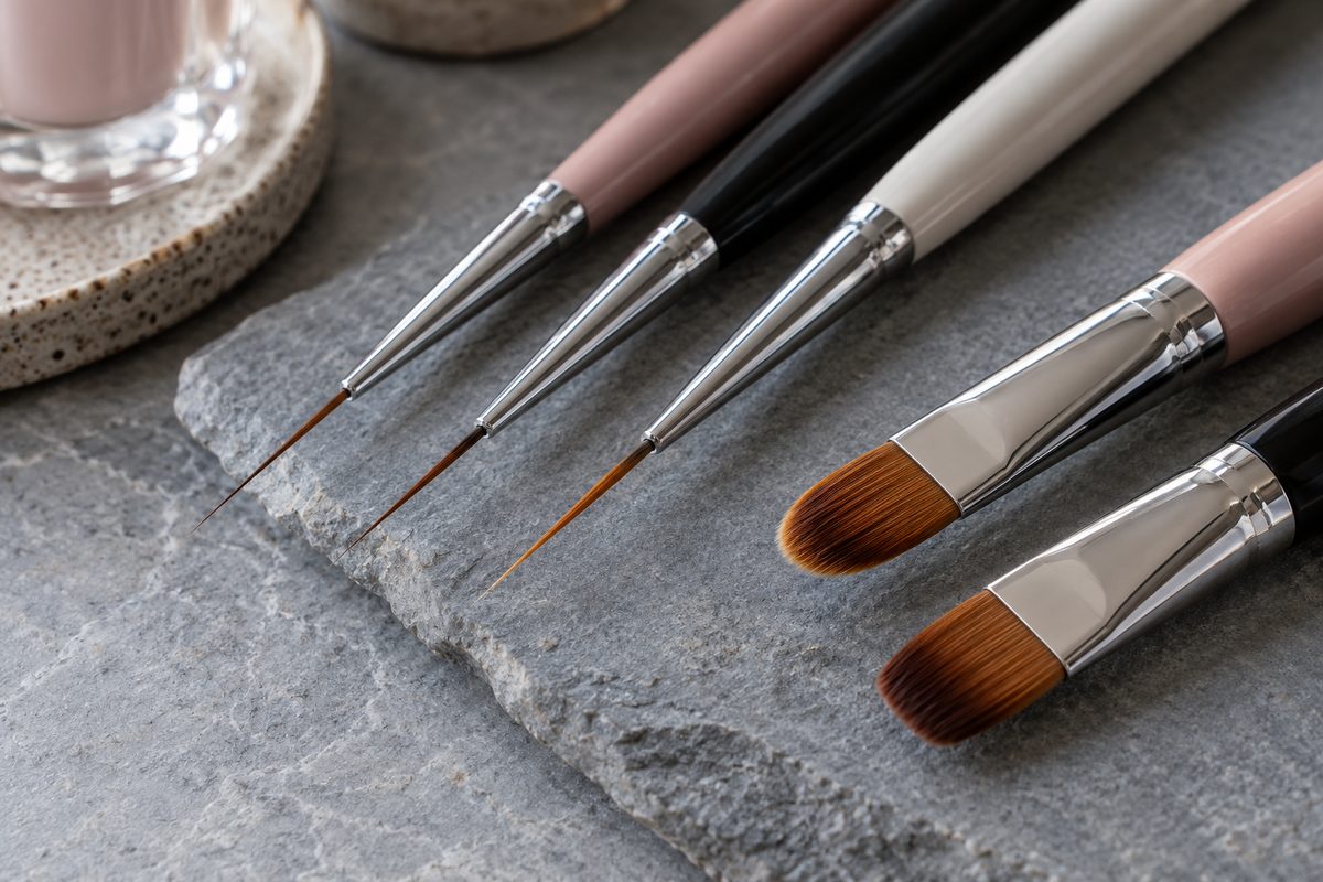 Set of fine liner and flat oval gel manicure brushes arranged neatly on slate.