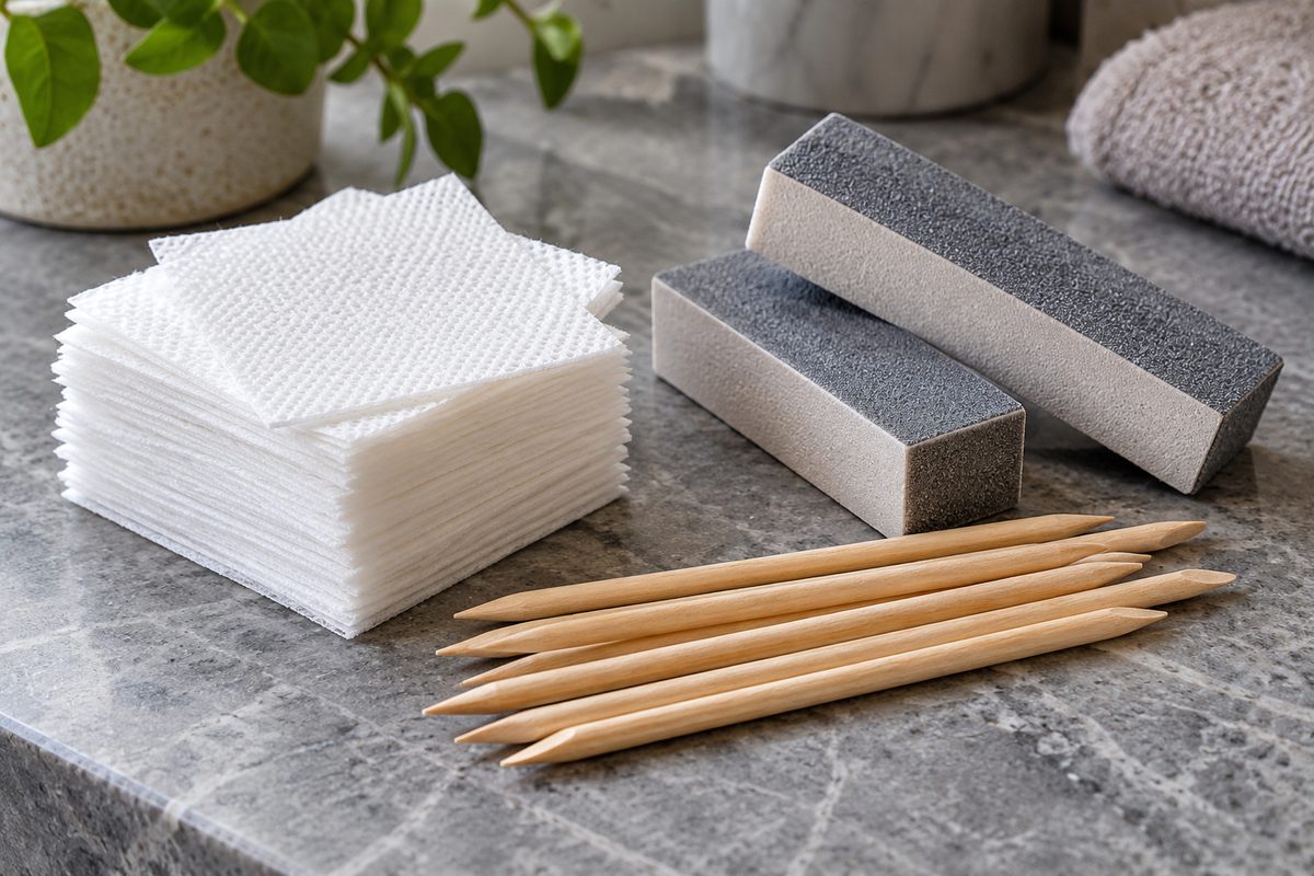 Home manicure prep consumables including spunlace wipes, wooden sticks, and dual buffers.
