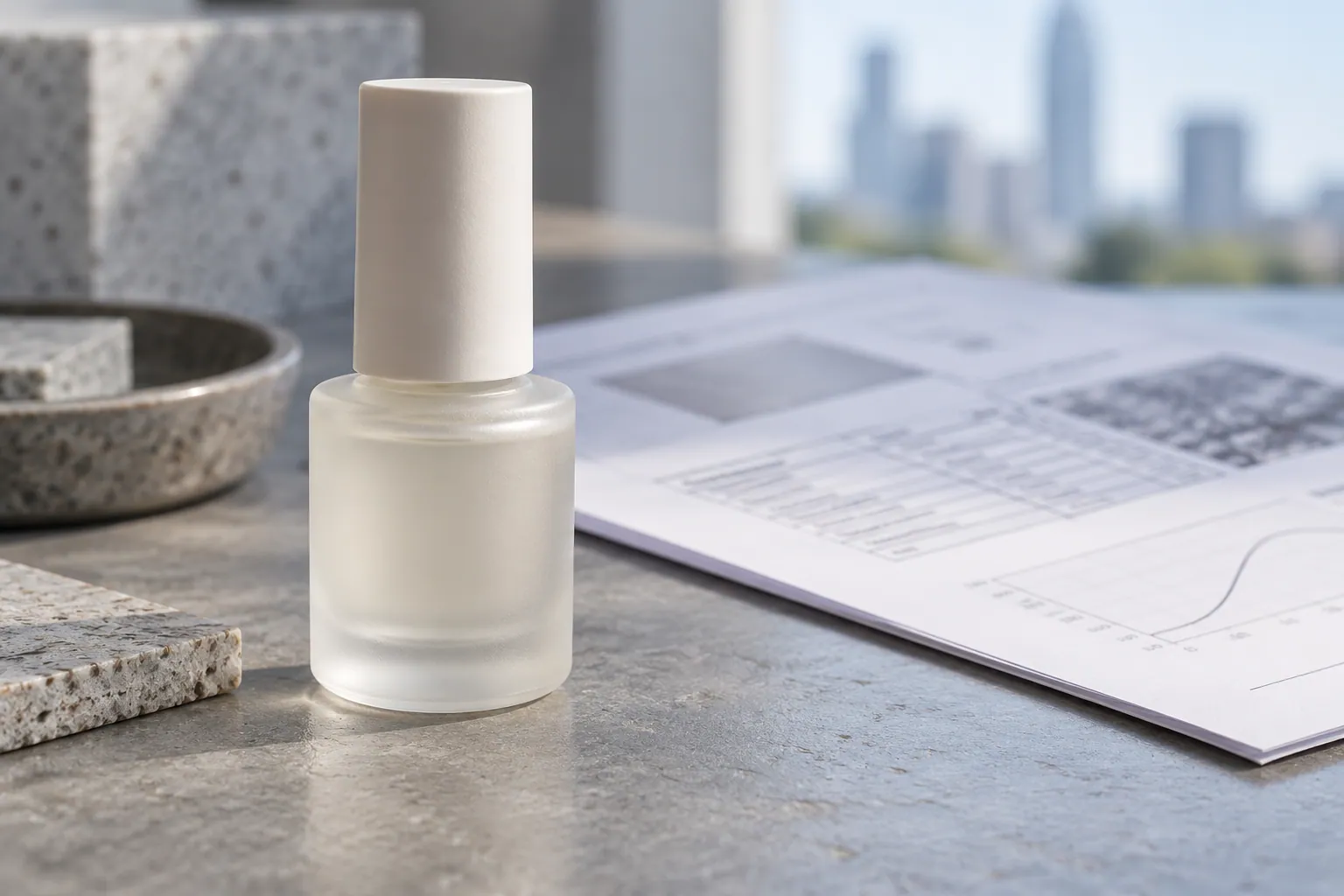Hypoallergenic Acid-Free Primer Base 8 ml bottle on studio slate.