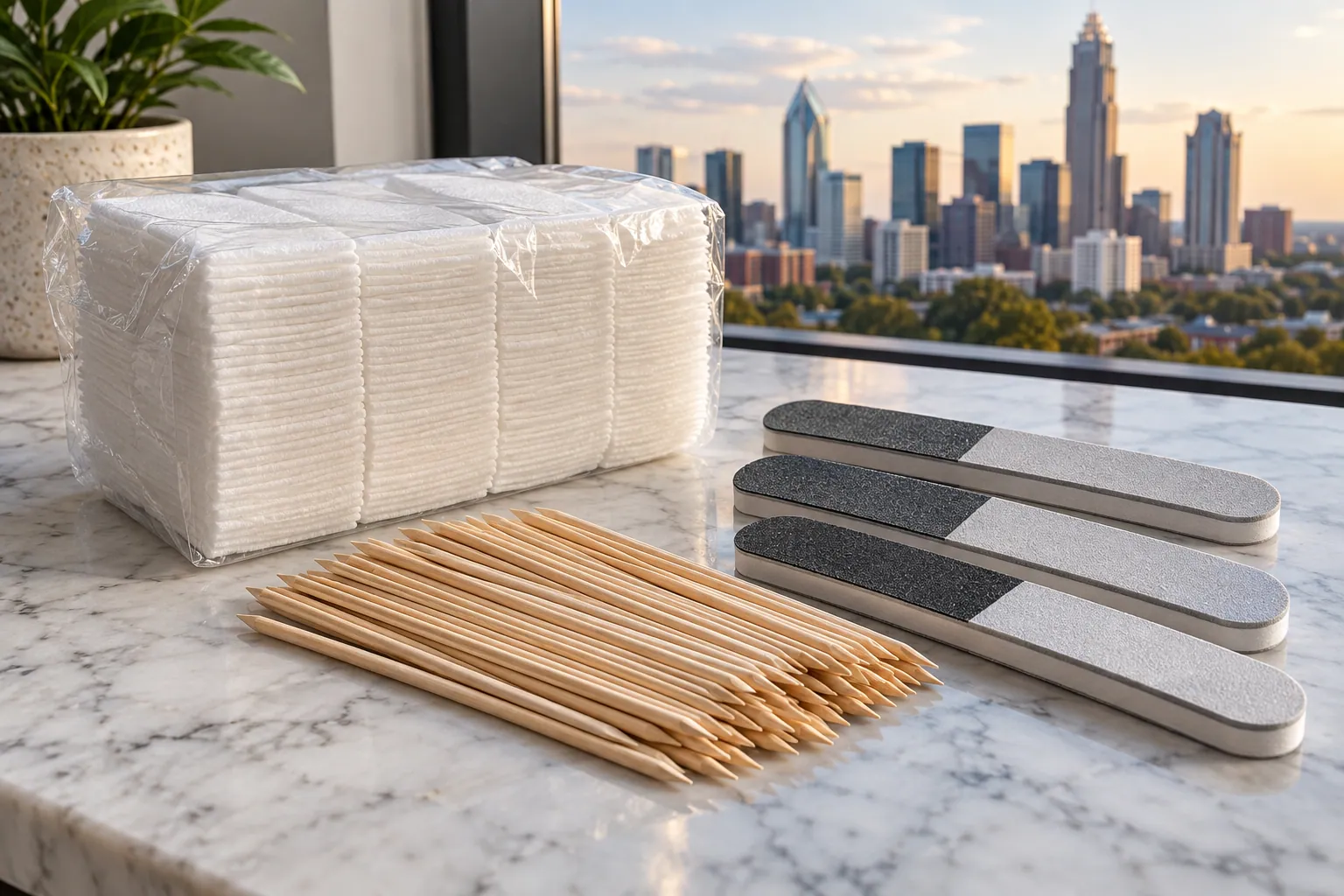 Studio prep pack containing lint-free wipes, orange wood sticks, and nail buffers.
