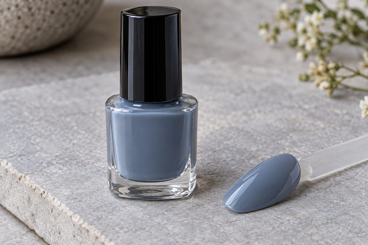 Studio Pure Crème Polish 12 ml bottle on cold slate with test swatch.