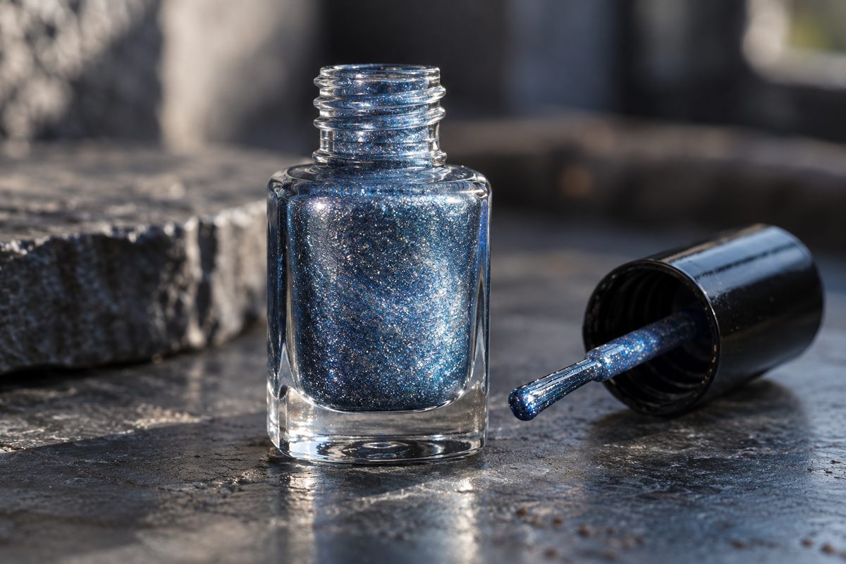 Arctic Mineral Shimmer Polish 10 ml bottle showing reflective mica suspension.