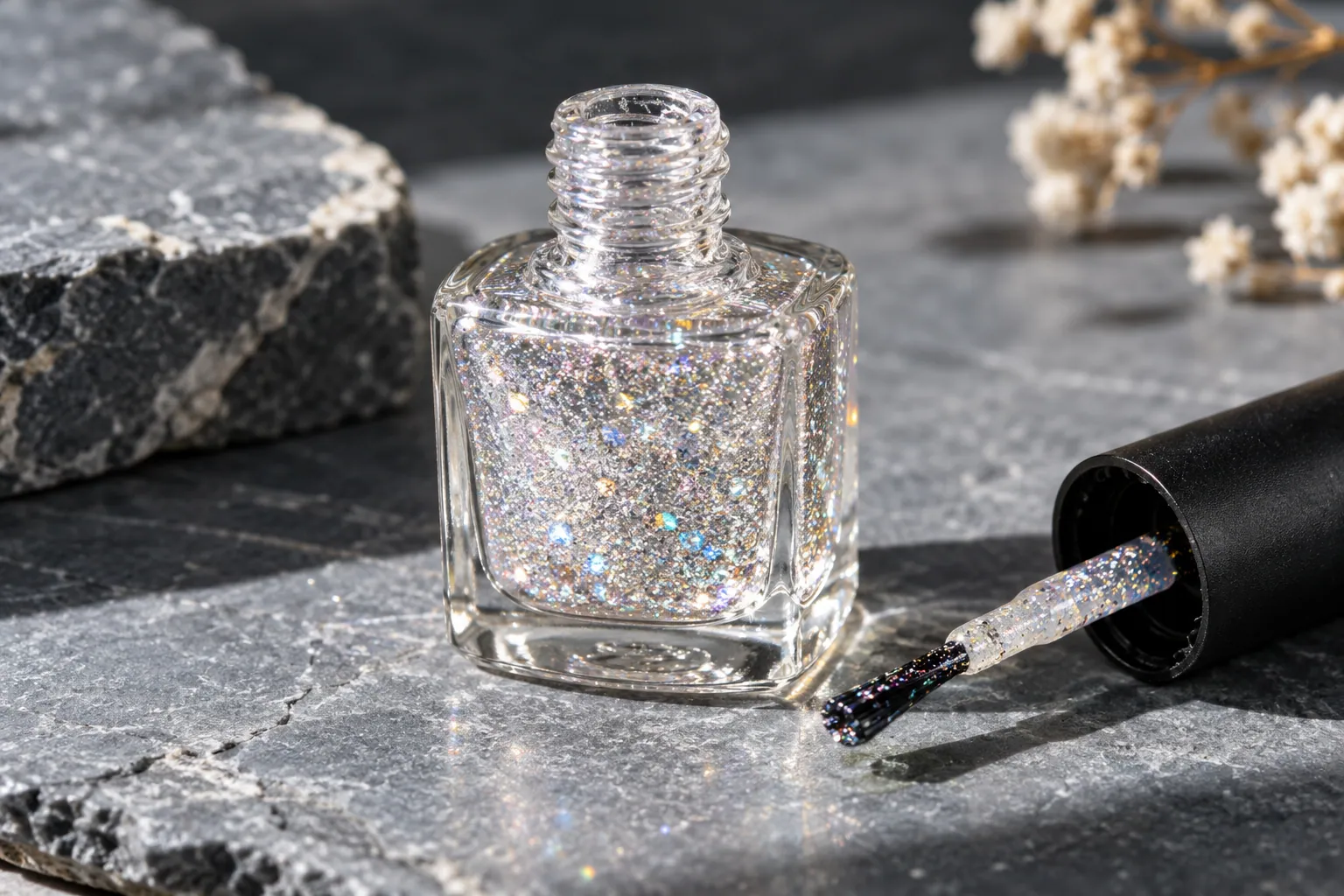 Diamond Refractive Top Coat 10 ml bottle with light-catching micro-glitter.
