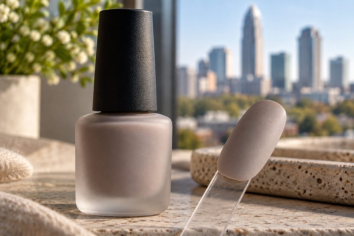 Velvet Suede Matte Top Coat 12 ml bottle with satin finish swatch.
