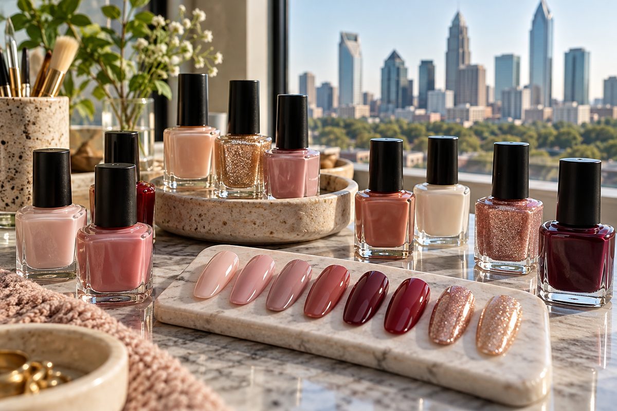 Professional nail lacquer bottles displayed alongside painted color swatches and finish samples.