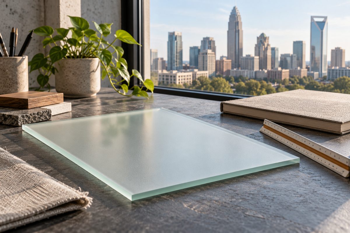 Studio document workstation with clean glass panel and ledger lines.