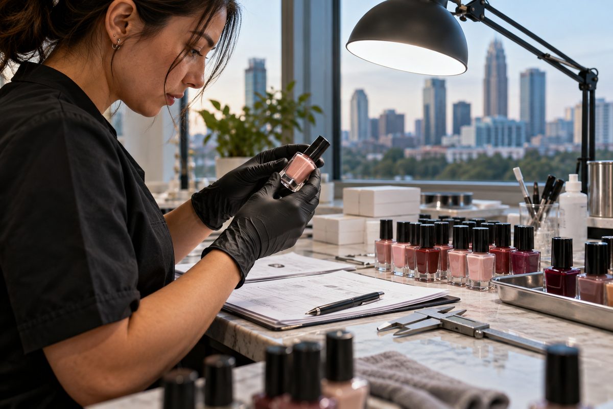 Nail technician checking batch bottle quality and compliance documents at salon desk.