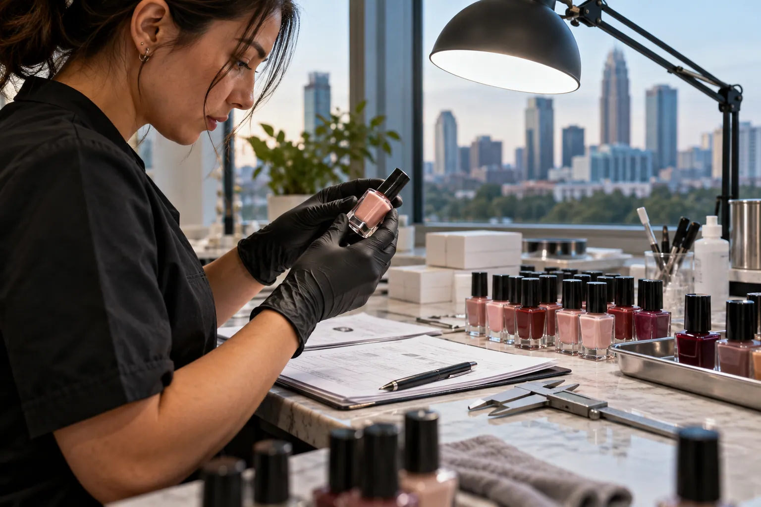 Nail technician checking batch bottle quality and compliance documents at salon desk.
