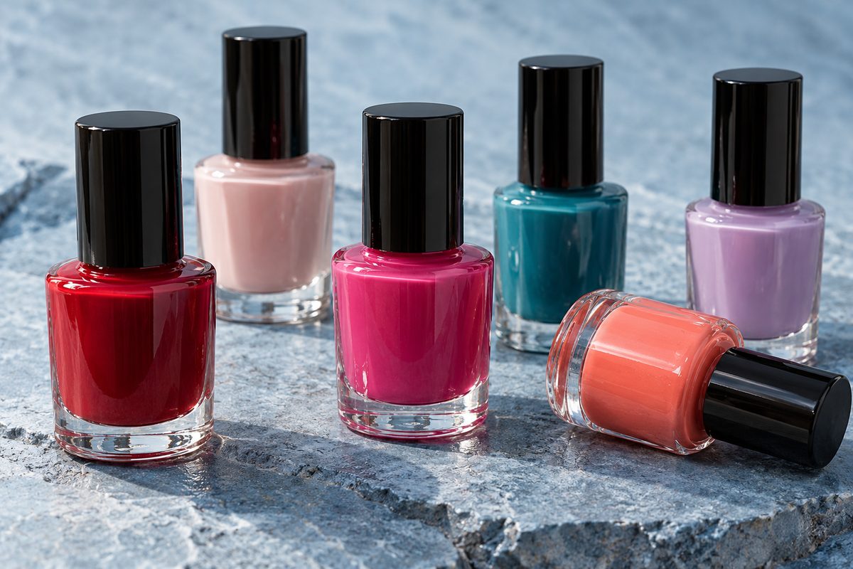 Row of professional nail polish bottles in 8 to 15 ml glass on cold glacier stone.