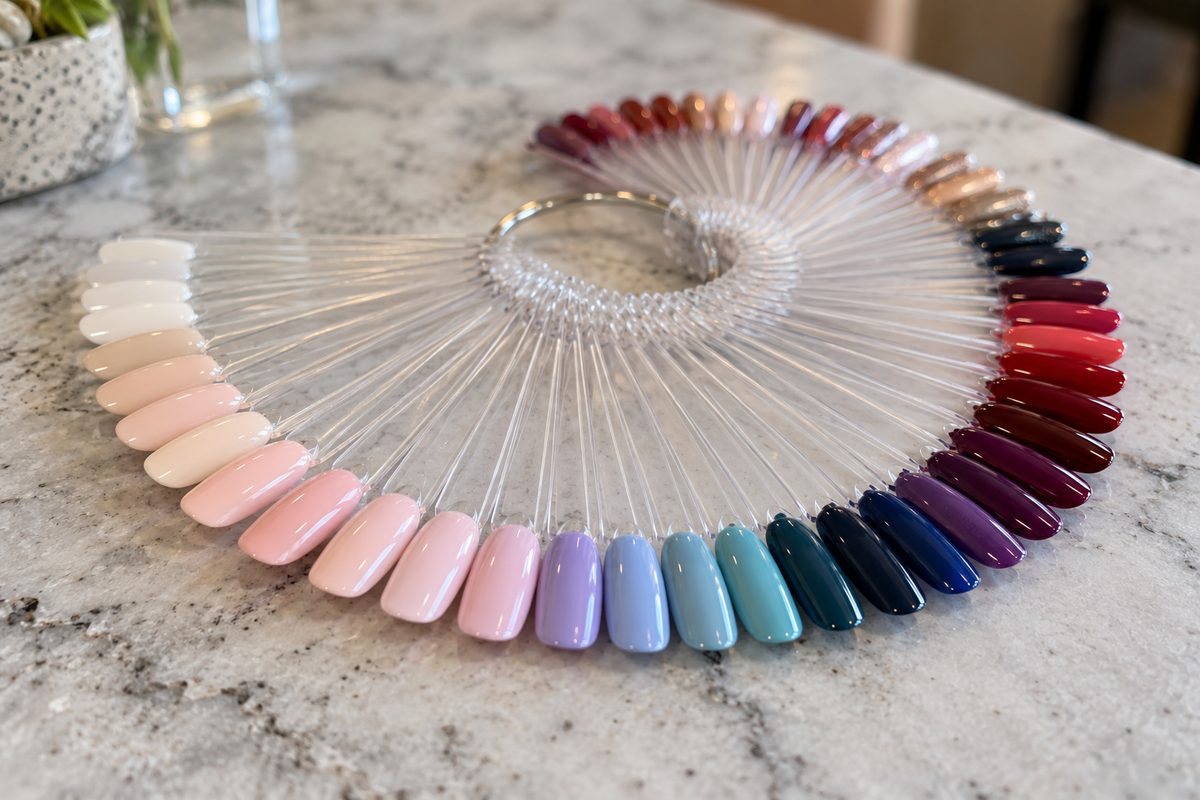 Color swatch fan showing opaque and sheer nail polish finishes.