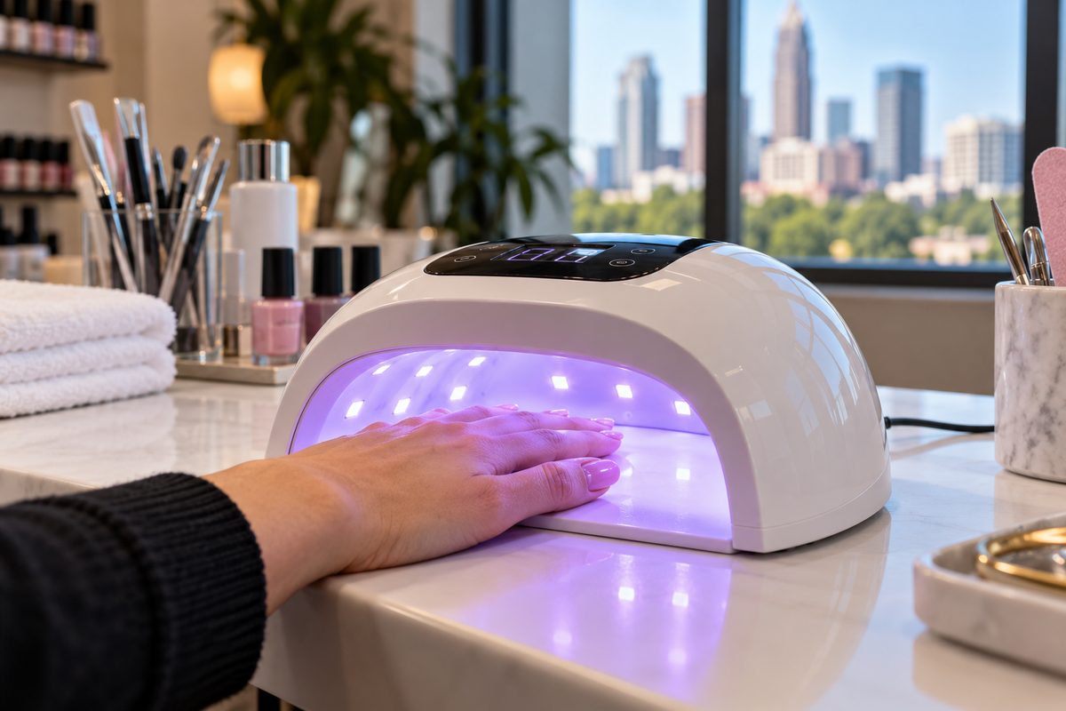 Professional 48W UV/LED curing bench lamp ready on salon work table.