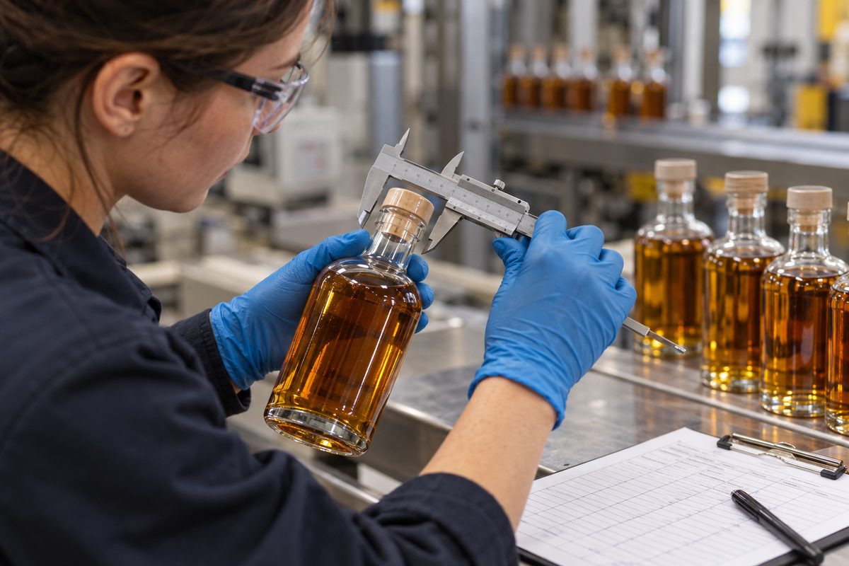 Quality inspection ledger with calipers measuring glass bottle cap tolerances.