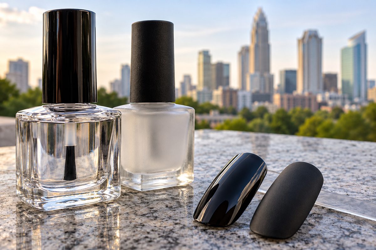 High-gloss no-wipe top coat and velvet matte top coat bottles with finish swatches.